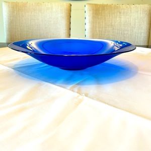 Large Cobalt Blue Hand Blown Swirl Ribbed Art Glass Italian Serving Bowl 15”